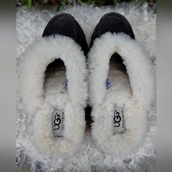 Ugg Kalie Genuine Black Leather Sheepskin Lined Wooden Clogs 7 - Picture 8 of 11